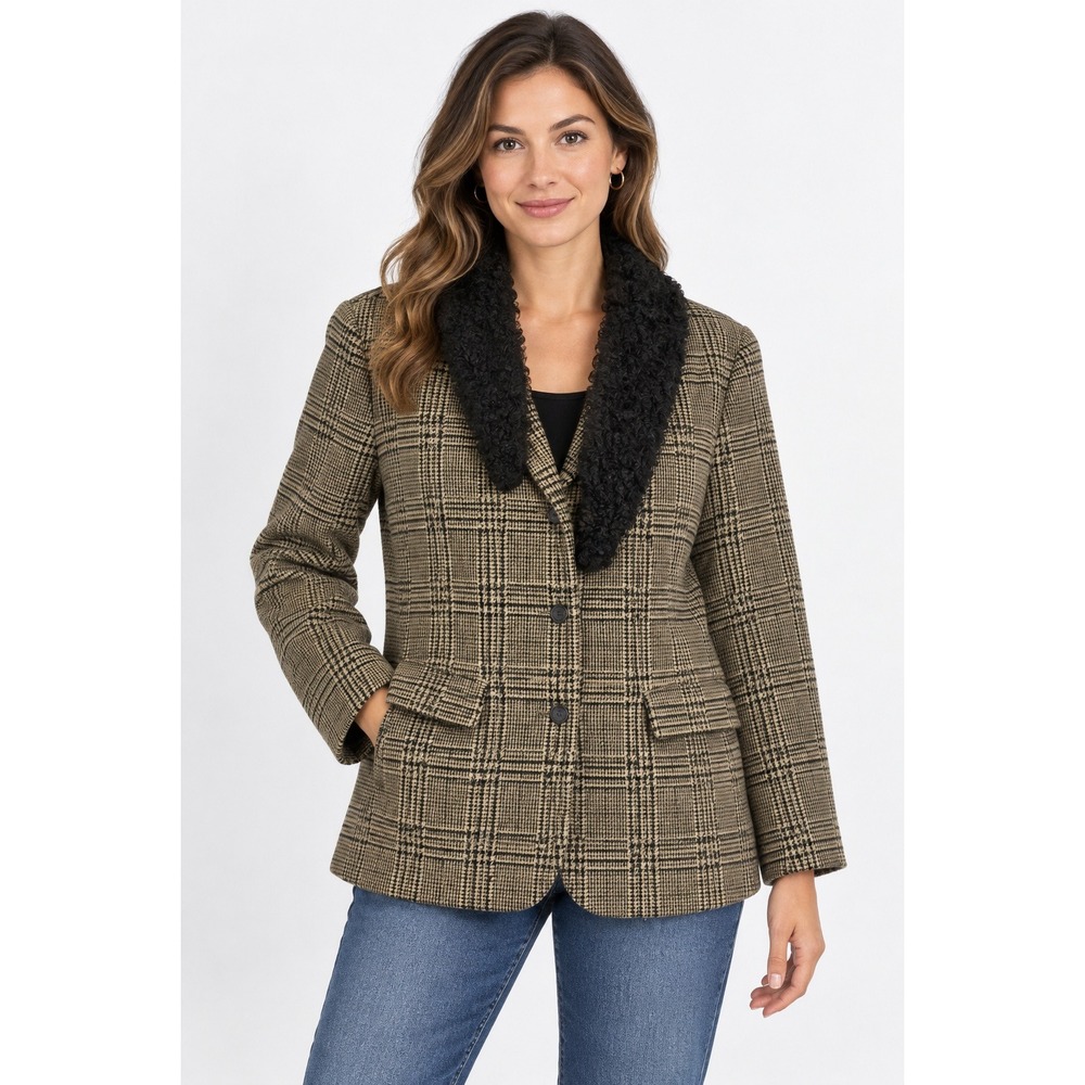 Vintage A Line Anne Klein Glen Plaid Blazer Womens 10 Faux Fur Collar Jacket